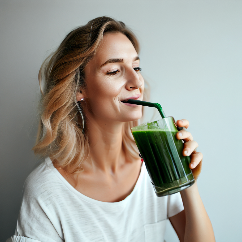 woman drinking natural greens powder