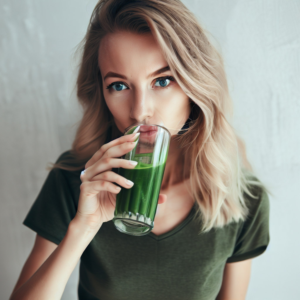 happy woman drinking greens juice