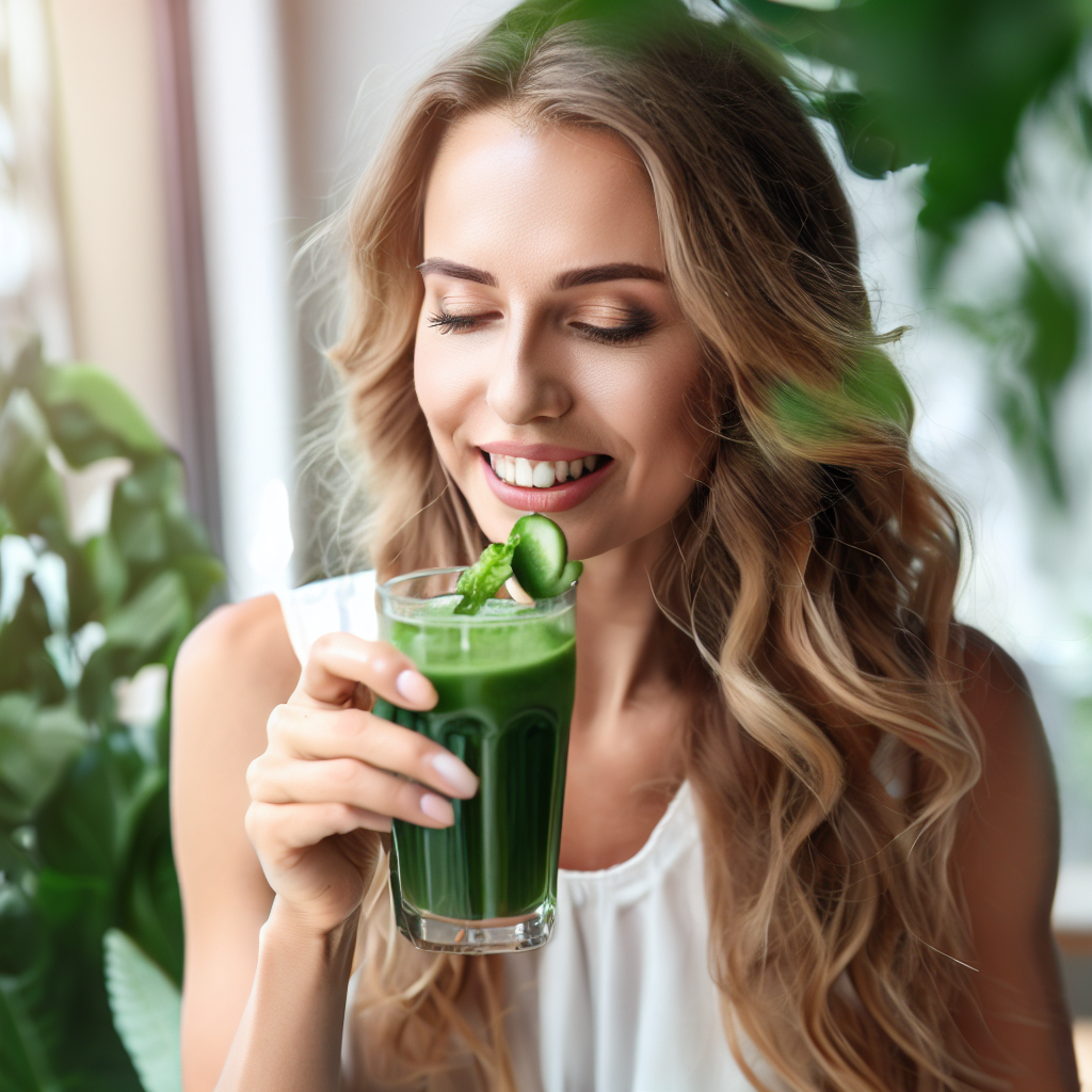woman with greens drink